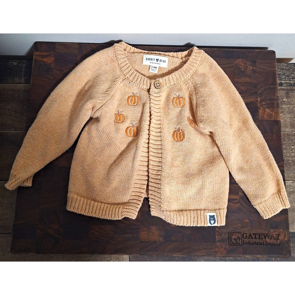 Rabbit + Bear Organic Baby Cardigan Sweater 3-6M Beige Knit Pumpkin Button